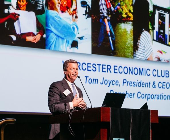 Thomas P. Joyce Jr, president and CEO of Danaher, speaks to the Worcester Economic Club.