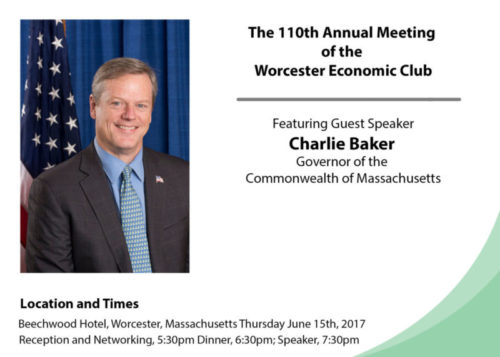 Meeting announcement of Charlie Baker, Governor of Massachusetts, as speaker at the 110th annual meeting of the Worcester Economic Club